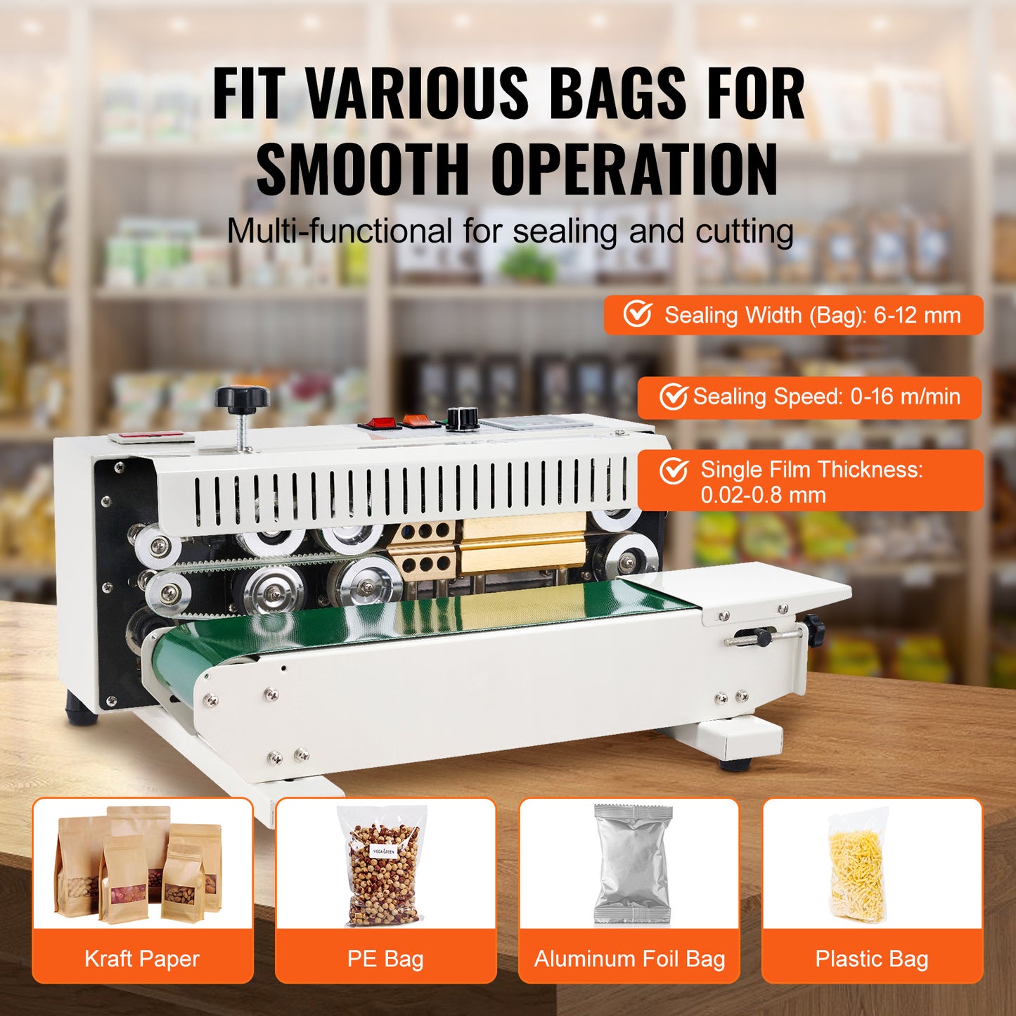 Bandsealer – Continue Sealmachine – Zaksealer – Doorlopende Sealapparaat – Automatische Sluitmachine – Koolstofstaal Behuizing – 600W Vermogen – Tel- en Printfunctie