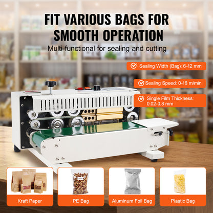 Bandsealer – Continue Sealmachine – Zaksealer – Doorlopende Sealapparaat – Automatische Sluitmachine – Koolstofstaal Behuizing – 600W Vermogen – Tel- en Printfunctie