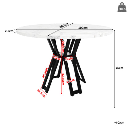 Ronde Eettafel – Ronde Tafel – Design Eettafel – Marmerlook Tafel – Keukentafel – MDF Tafelblad Marmerstructuur – Stevig Gouden Metalen Frame – 100 cm – Voor 4-6 Personen
