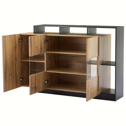 Modern Oak Veneer MDF Glazen Kast – Sideboard – Dressoir – Credenza – Opbergkast – Glazen Deuren – Zwart Frame – Eikenhout Afwerking – 68,58 cm Hoog – Zonder Spaanplaat