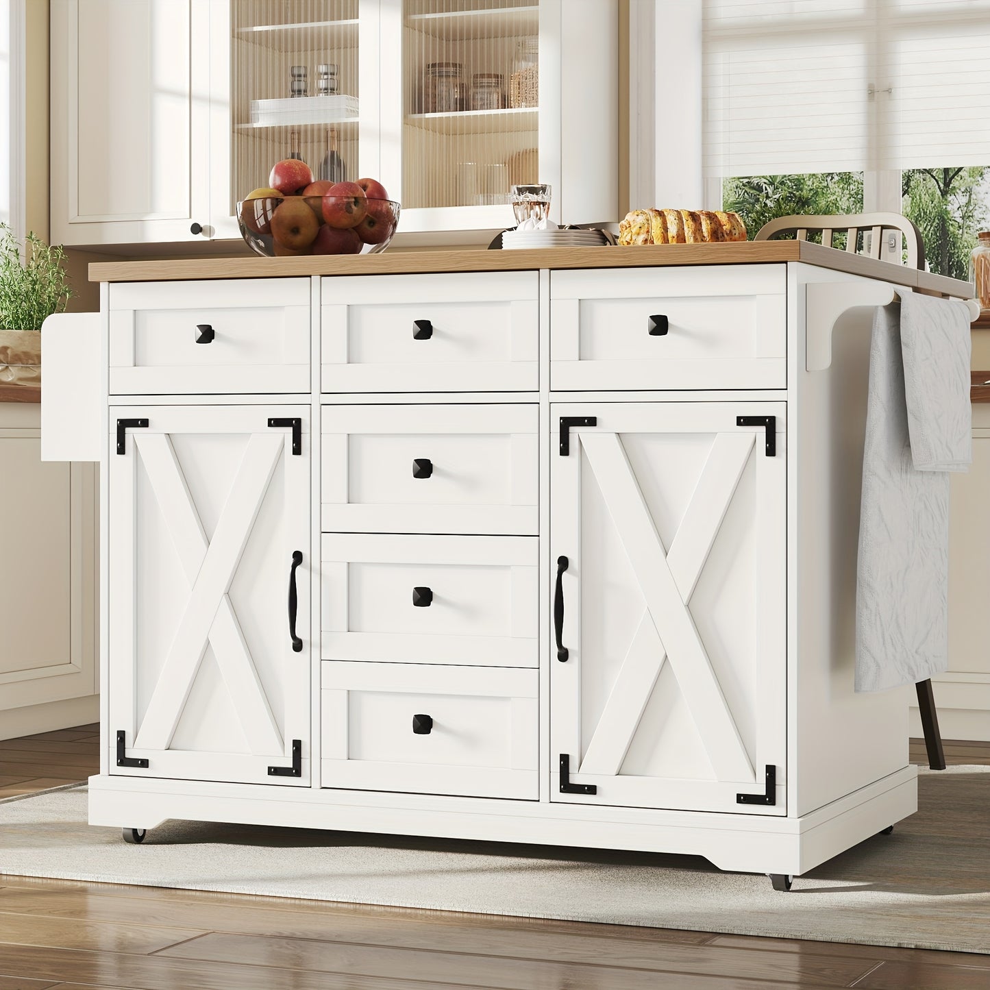 Multifunctional Kitchen Island with Mobile Storage Cabinet & Buffet - & Classic Design, Freestanding Floor Cabinet with Spacious Countertop, Ample Storage Space, No Electrical Required for Dining Room & Living Room, Durable M