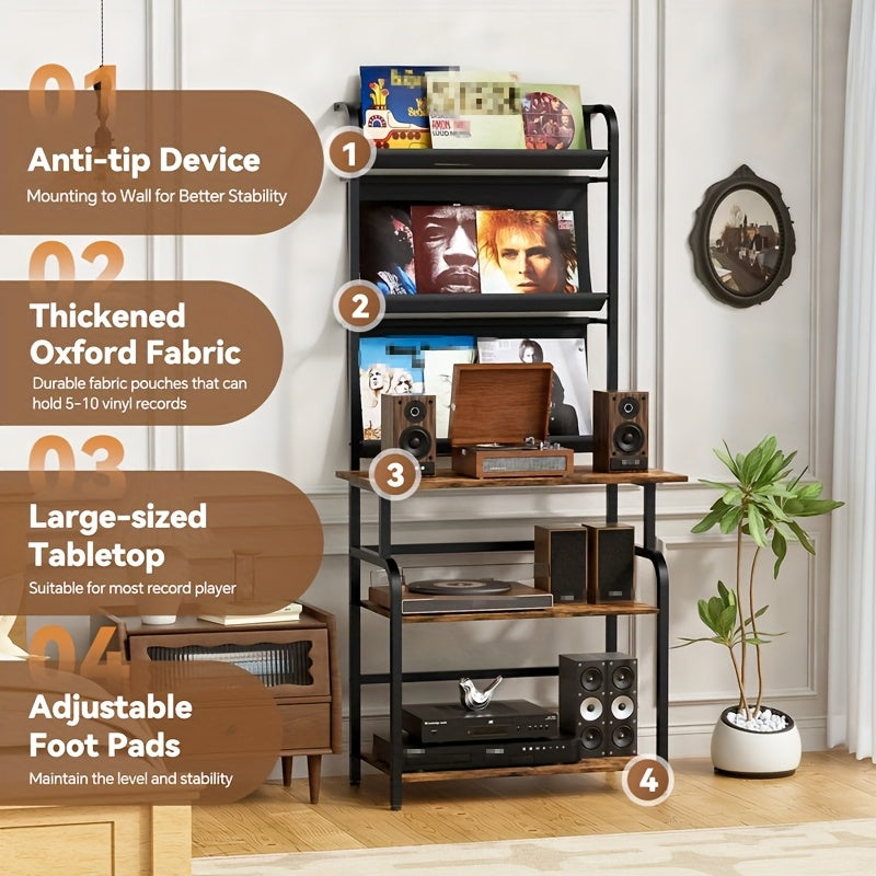 Platenrek – LP Opbergsysteem – Platenhouder – Vinylkast – Platenspeler Meubel – 6 Lagen – Massief Hout En Metaal – Extra Groot Tafelblad 78x38 cm