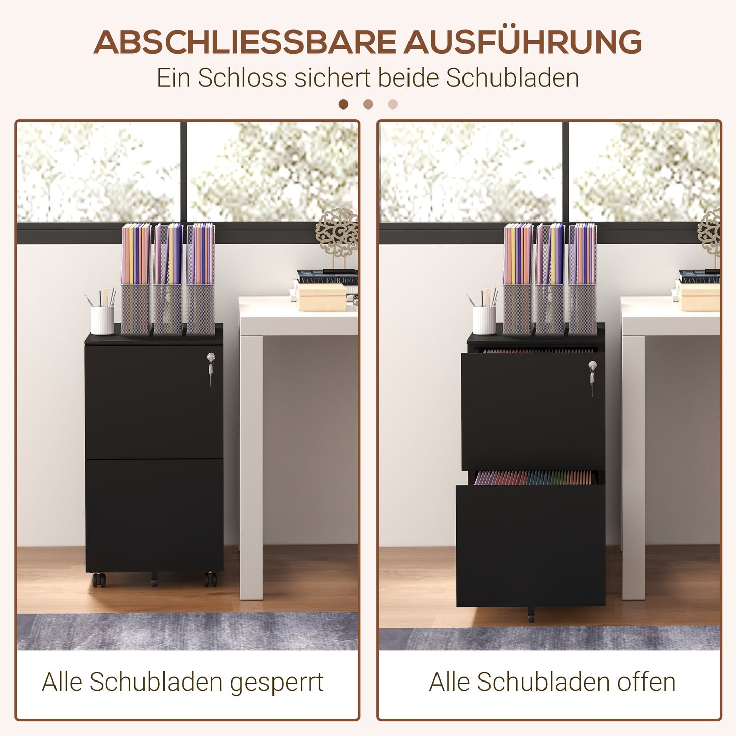 Ladekast Rollend – Kantoorcontainer – Archiefkast – Opbergkast – Met Wieltjes – Verstelbare Hangmappen – Met Slot – Stalen Zwart – Compact 37x43,5x67,5 cm – Mobiel En Veilig