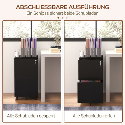 Ladekast Rollend – Kantoorcontainer – Archiefkast – Opbergkast – Met Wieltjes – Verstelbare Hangmappen – Met Slot – Stalen Zwart – Compact 37x43,5x67,5 cm – Mobiel En Veilig