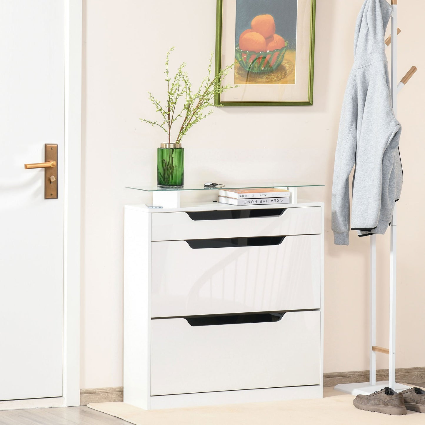 Schoenenkast – Schoenopberger – Schoenenrek – Opbergrek – Schoenmeubel – Wit – 2 Vouwladen + 1 Lade – Verstelbare Glazen Plank