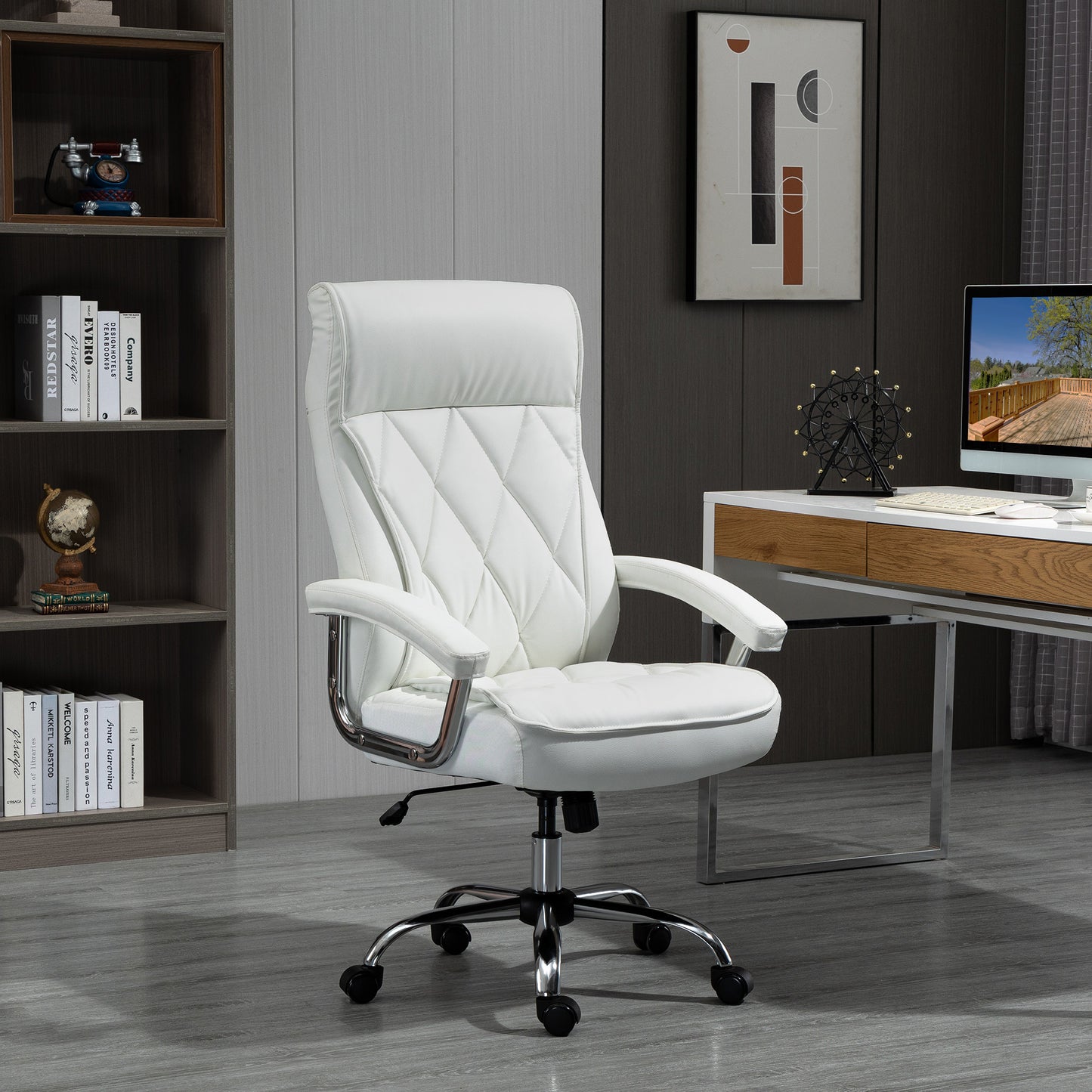 Bureaustoel – Executive Chair – Office Chair – Draaistoel – Ergonomische Stoel – Hoogte Verstelbaar – 360° Draaibaar Met Schommelfunctie – Wit Kunstleer Met Diamantpatroon – Stabiel Metalen Frame 66x69x121 cm