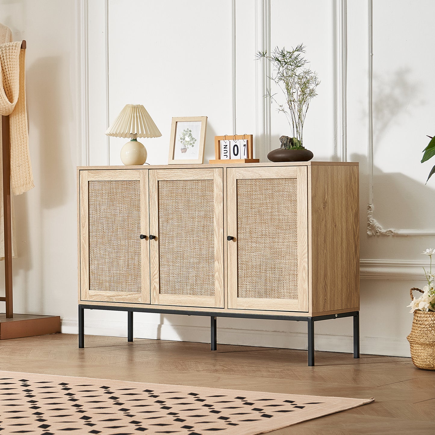 Rotan kast – Rattan kast – Opbergkast – Dressoir – Ladekast – Handgevlochten deuren – Verstelbare planken – 120 cm breed – Natuurlijk materiaal