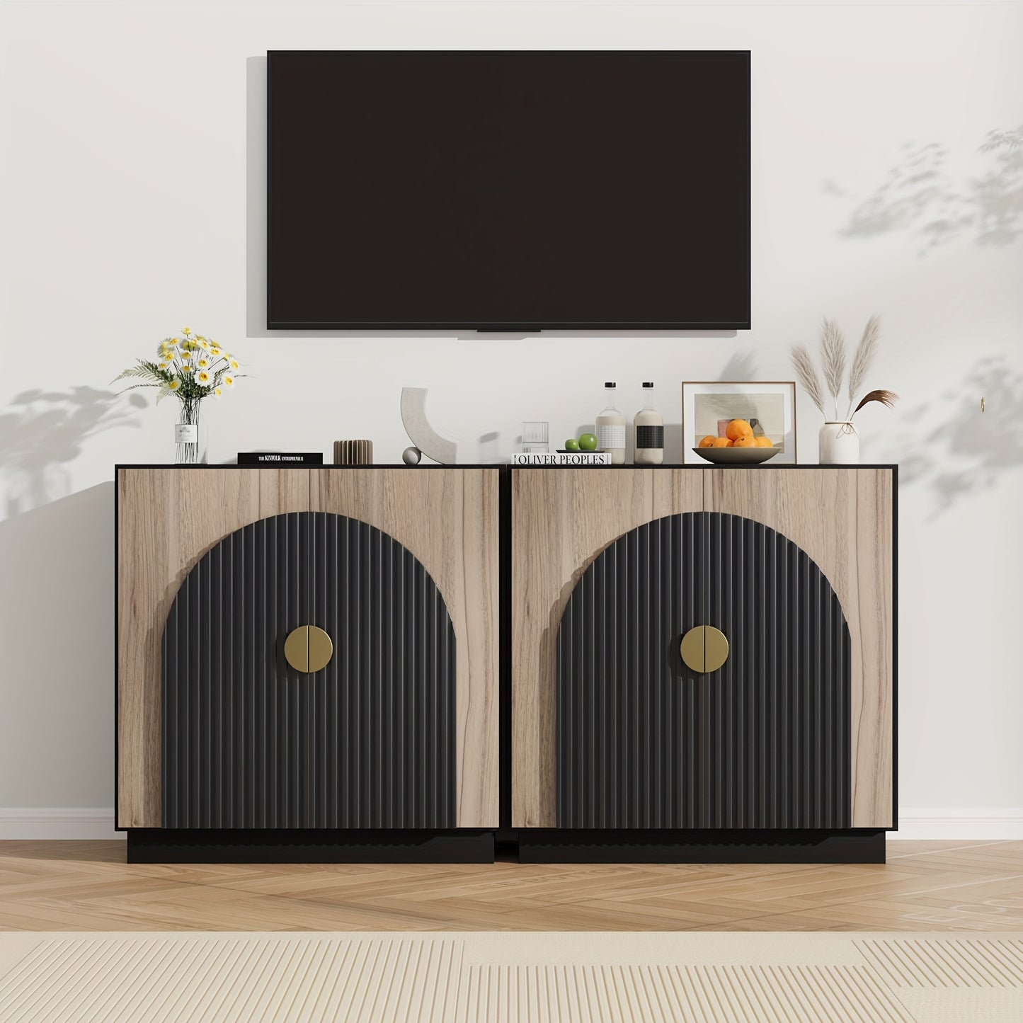Dressoir – Buffetkast – Opbergkast – Ladekast – Wandkast – Zwart Fluted Design – Verstelbare Planken – Hout en Metaal – Compact 69 cm Hoog