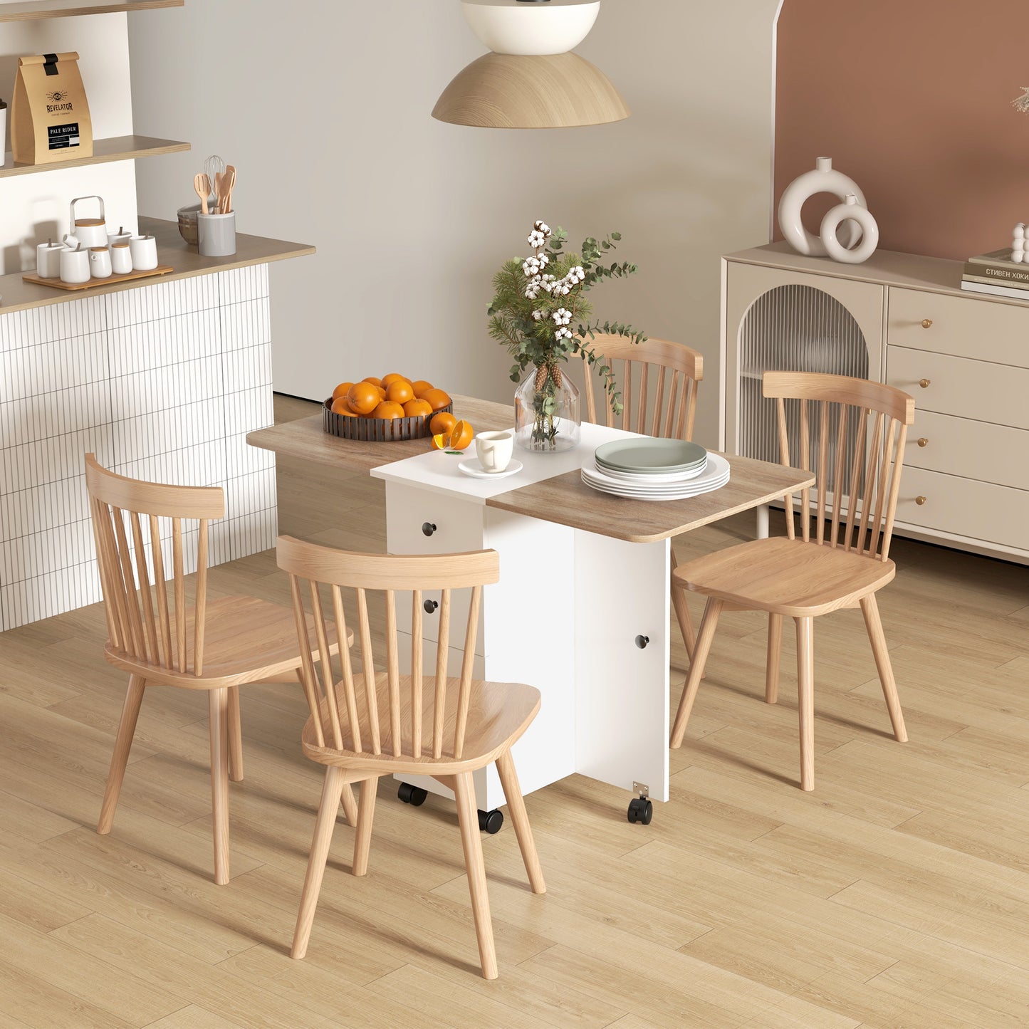 Opvouwbare Keuken- en Eettafel – Uitklapbare Tafel – Inklapbare Tafel – Verrijdbare Tafel – Ruimtebesparende Tafel – Wit – 2 Lades & Kast – Compact en Mobiel