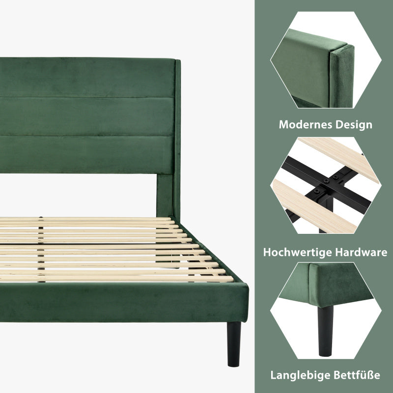 Gestoffeerd Tweepersoonsbed – Ledikant – Bedframe – Sofa Bed – Slaapsysteem – Donkergroen Fluweel – 140x200 cm – Met Lattenbodem – Gepolsterd Hoofdeinde