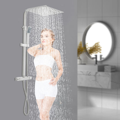 Douchekop – Regendouche – Hoofddouche – Handdouche – Doucheset – Thermostatisch – 30 cm Vierkant – Messing & Roestvrij Staal – Constante Watertemperatuur – Compacte Wandmontage