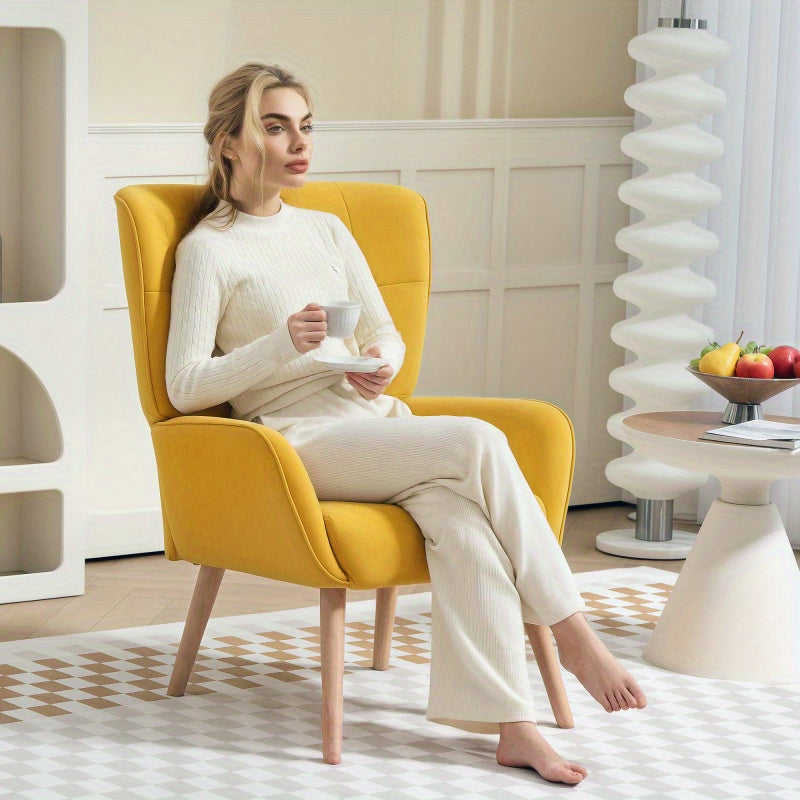 Fauteuil – Relaxstoel – Lounge Chair – Leunstoel – Zetel – Mosterdgeel – Fluweelbekleding – Massief Houten Poten – Direct Gebruiksklaar – Comfortabele Dikke Zitkussen