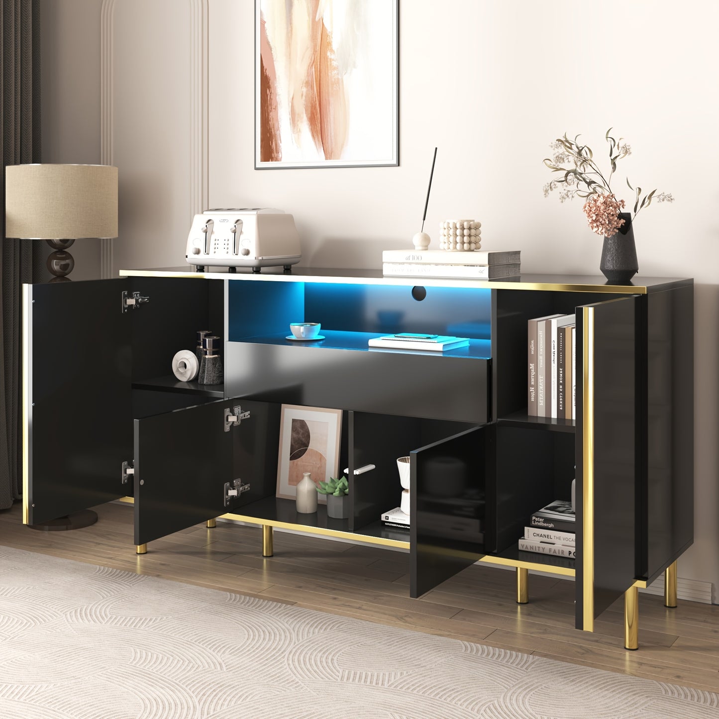 Sideboard, sideboard with four doors, one drawer and a large compartment, space-saving, bedroom chest of drawers, high-gloss sideboard, two colours to choose from, dimensions L150/W40/H80