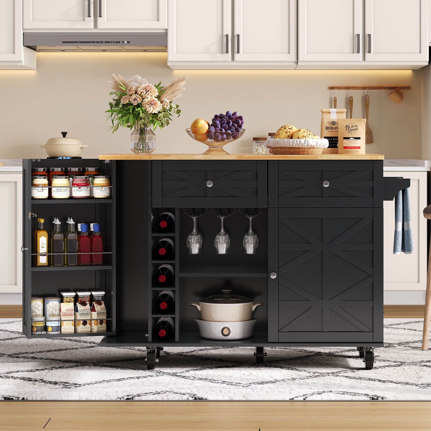 Keukentrolley – Keukenwagen – Serveerwagen – Keukenrek – Keukenkast – Uitklapbaar Werkblad – MDF Houtlook – Verrijdbaar met Vergrendelbare Wielen – 120x45(70)x89 cm – Zwart