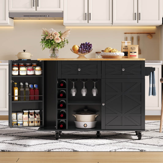 Keukentrolley – Keukenwagen – Serveerwagen – Keukenrek – Keukenkast – Uitklapbaar Werkblad – MDF Houtlook – Verrijdbaar met Vergrendelbare Wielen – 120x45(70)x89 cm – Zwart