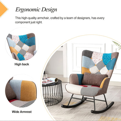 Schommelstoel – Schommelstoel Met Vleugelrug – Relaxstoel – Fauteuil – Schommelzetel – Patchwork Design – Velvet Bekleding – Beukenhouten Frame – Hoogwaardig Schuim – Antislip Poten – Spot-Clean Onderhoud