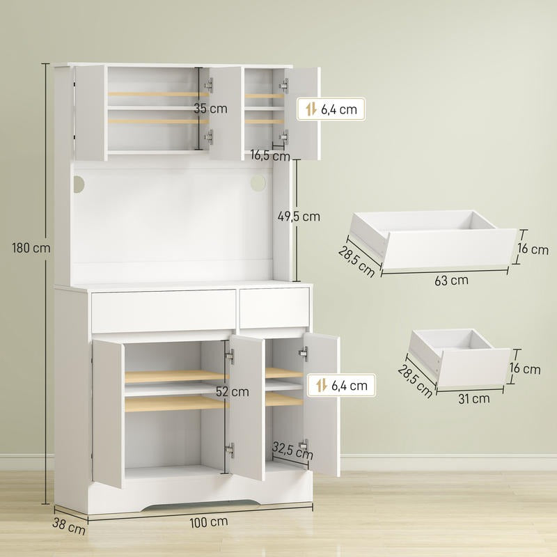 Keukenkast Wit – Keukenkastje – Keukenopberger – Kast Voor Keuken – Keukenkast Met Deuren – 6 Deuren & 2 Lades – Verstelbare Planken & Kabelbeheer