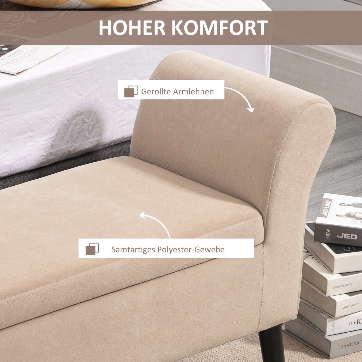 Gestoffeerde Bank – Opbergbank – Zitbank – Bankenbank – Opbergbank – Beige – Fluweelachtig Polyester – Ingebouwde Opbergruimte