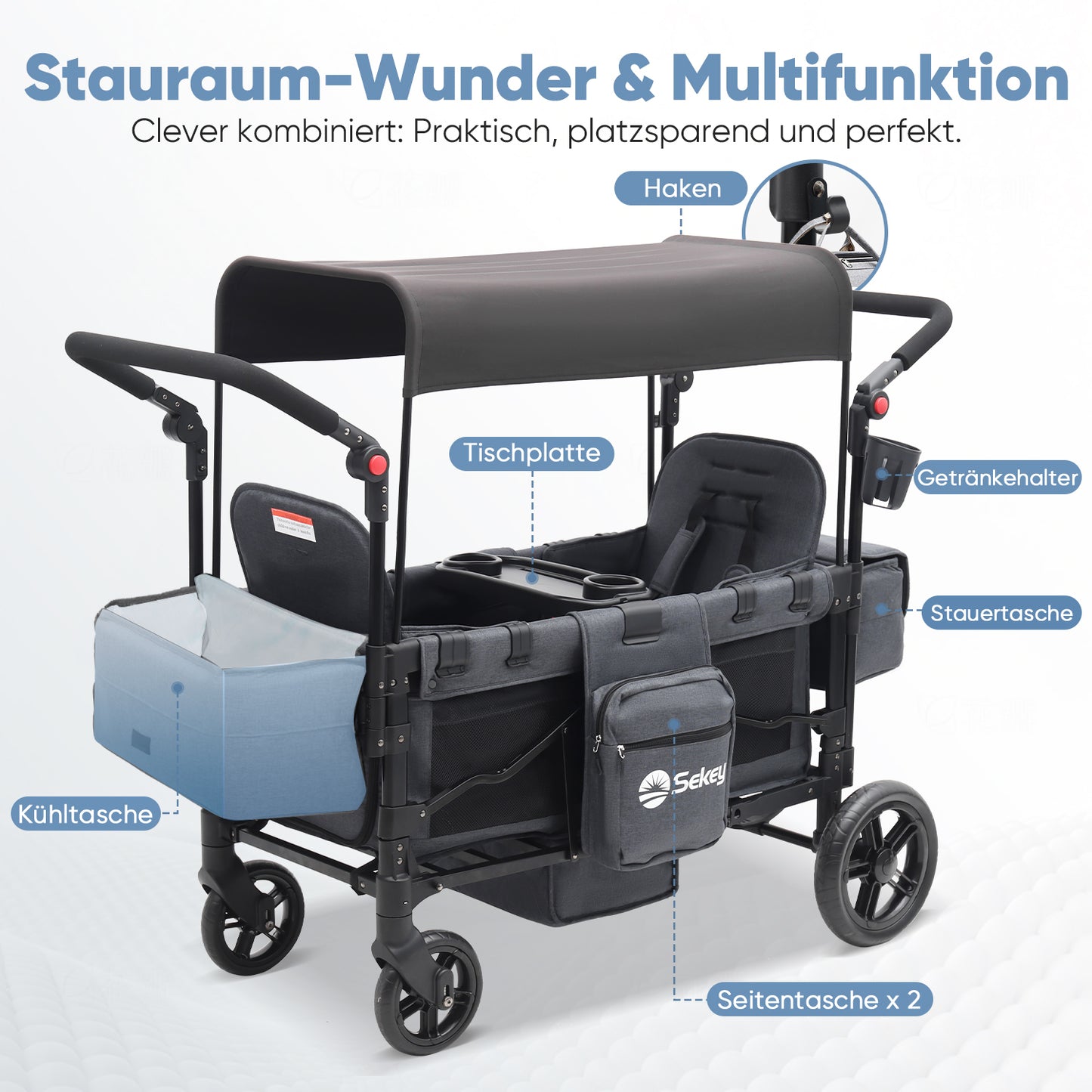 Sekey Handcart, Foldable Handcart with Roof, Handcart with XXL PU Wheels, Suspension & Ball Bearings, Padded & Comfortable, Push And Pull Handle