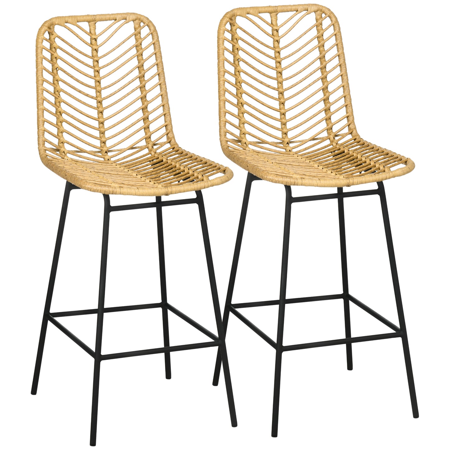 Barstoelen – Barkrukken – Barstoelen Met Rugleuning – Barkeukentoelen – Barstoelen Set – Boho Design – PE-Rattan – Waterbestendig – Met Voetensteun – Geel Zwart – 42,5x52x102 cm – Set Van 2