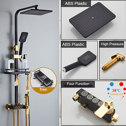 Regendouche – Douchesysteem – Douche Set – Douchekraan – Thermostaatkraan – Roestvrij Staal – Mat Zwart Gouden Afwerking