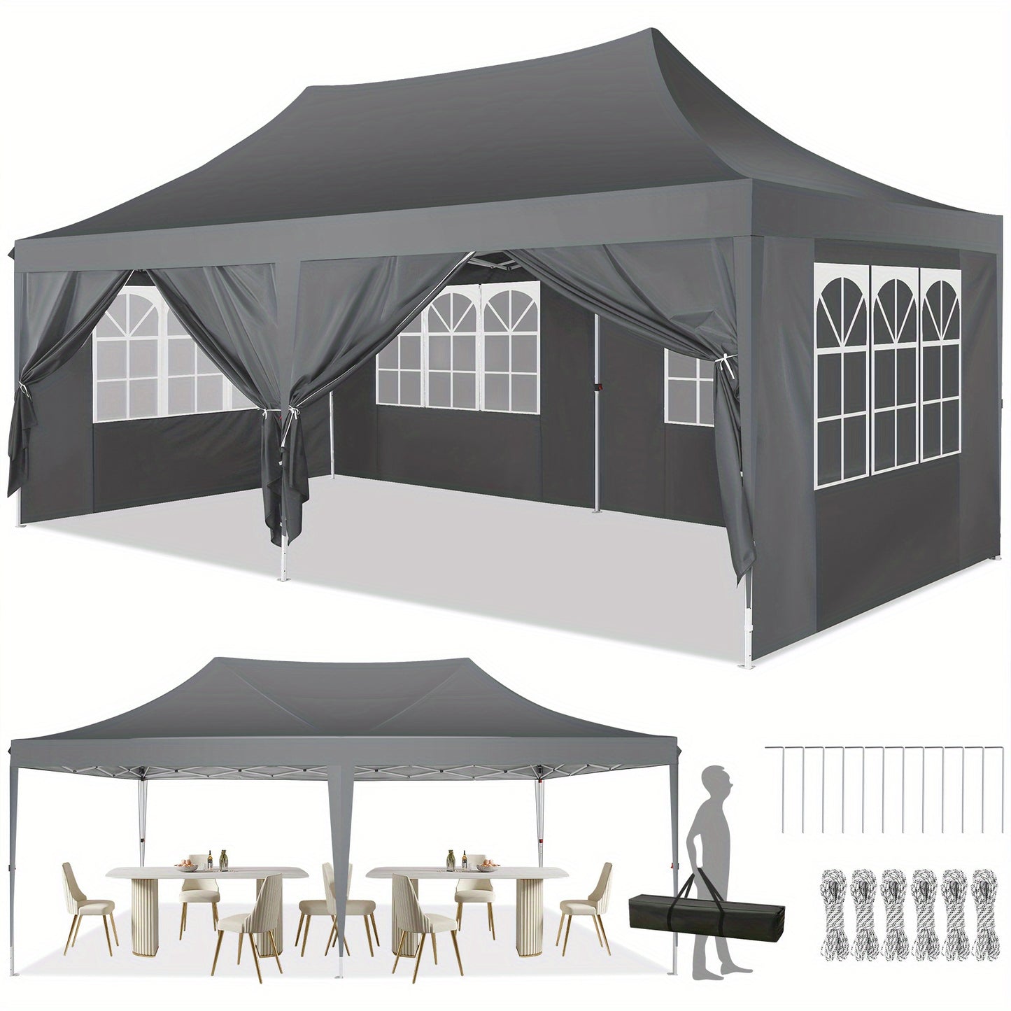 Partytent – Evenemententent – Vouwtent – Advantent – Feesttent – 3×6 Meter – Afneembare Zijwanden – Stevige Hexagonale Poten – Grijs