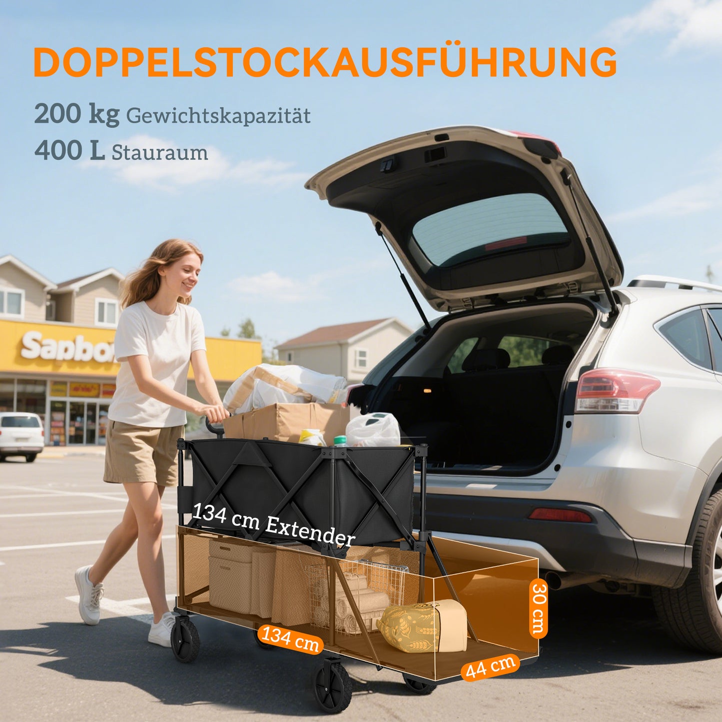 Dubbeldek Transportkar – Trolley – Vervoerswagen – Opvouwbare Kar – Tuinkar – 200 kg Laadvermogen – Waterbestendig 600D Oxford Stof