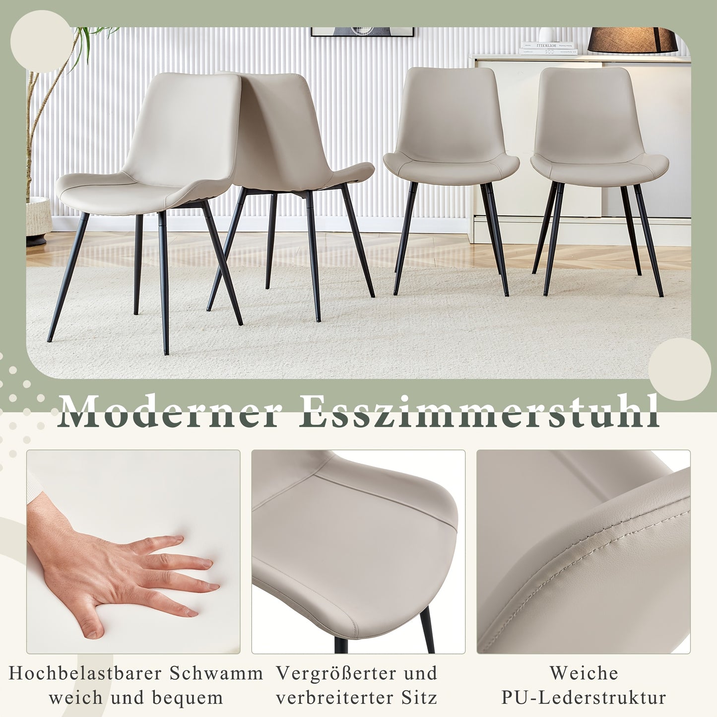 4pcs Modern Nordic Dining Chairs with Breathable Fabric Seats, Extended Cushions & Sturdy Metal Legs - Backrest, Non-Slip Design Suitable, Dining Room, Cafe - Easy-Clean Scandinavian Furniture