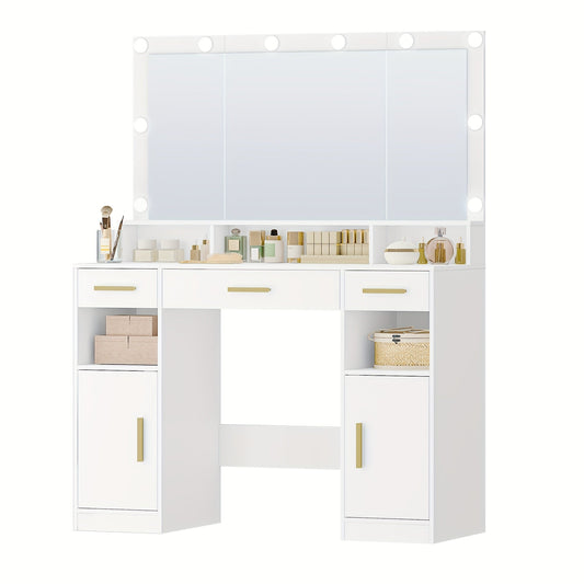 Make-up Tafel – Kaptafel – Make-up Bureau – Vanity – Sieradekast – Wit Met Gouden Accenten – Grote Spiegel Met LED-verlichting – 3 Laden En 2 Kastjes