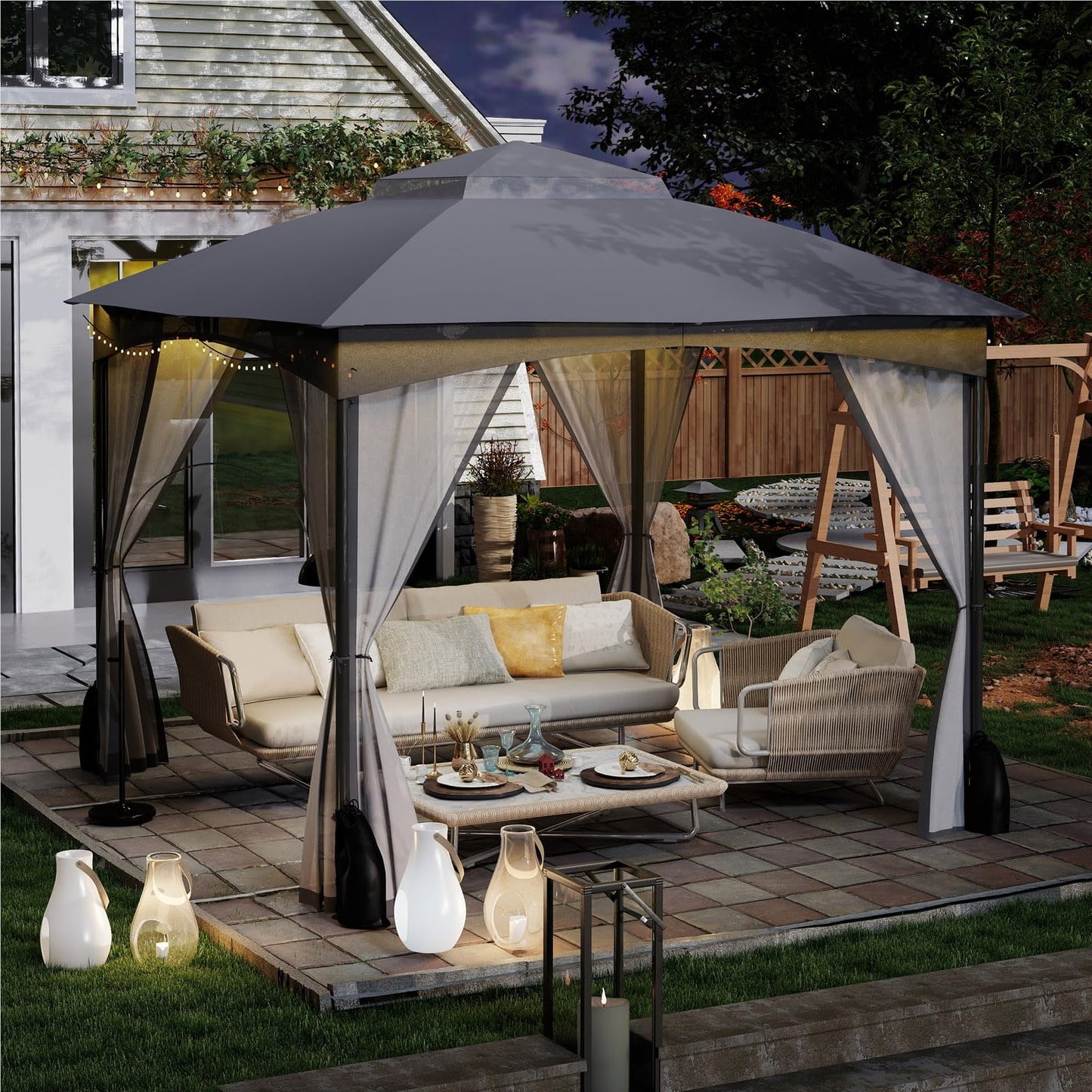 3 x 3 m Garden Gazebo with 4 Sandbags & 4 Mosquito Nets & Double Roof, Waterproof & Sturdy & Winterproof, Garden Tent with Hooks, Party Tent for Terrace & Garden (Gray)