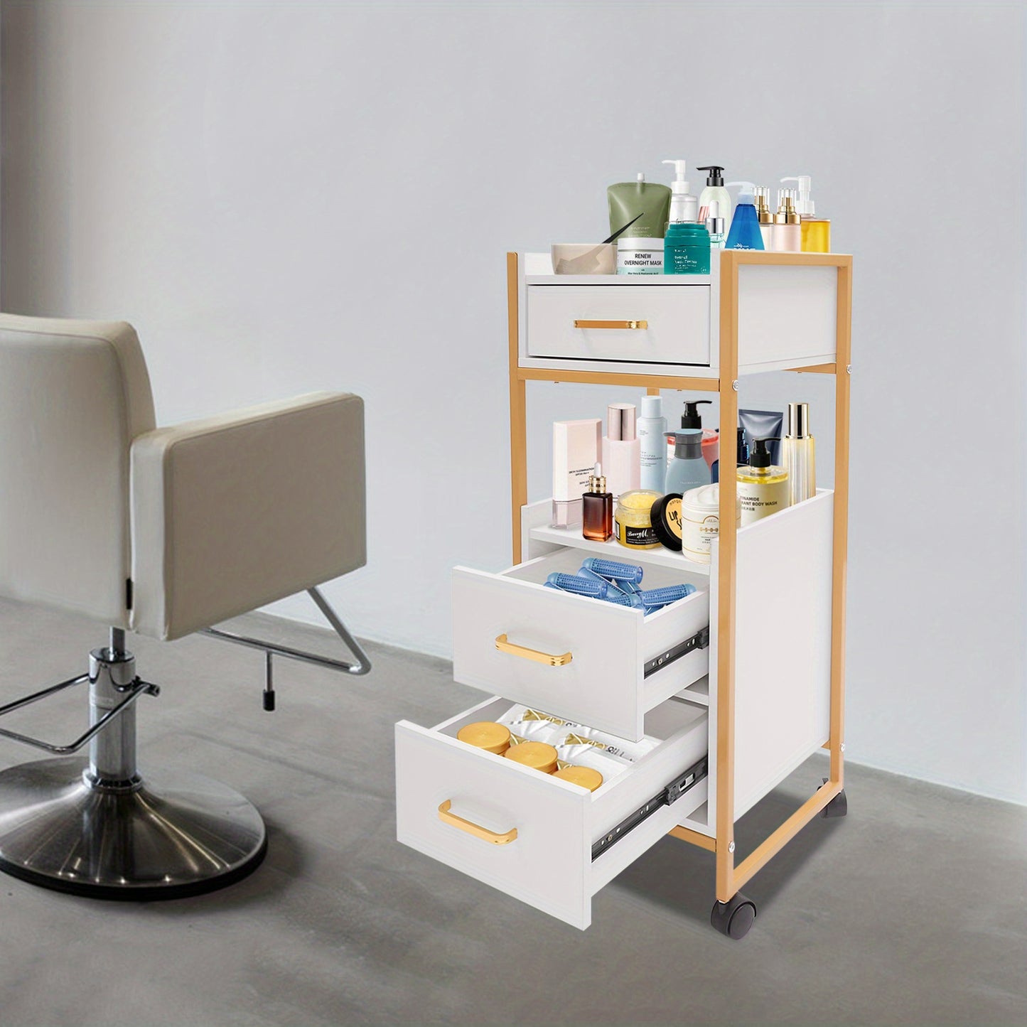 Kapperswagen – Kappers Trolley – Werkwagen – Kapperskar – Salonwagen – 3 Laden – 50 KG Draagvermogen – Met Haardrogerhouder – Mobiel en Compact – Wit met Gouden Frame