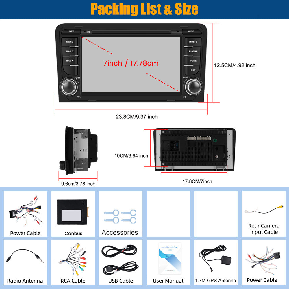 PODOFO [4G+64G] Android 15 7-inch for Audi A3 8P S3 RS3 Sportback 2003-2012, Wireless Carplay/ Android Auto, Android EQ AI DSP/ GPS/ WiFi/ B/ T5.0/ FM/ Mirror Link, A Perfect Gift for Dad, Merry Christmas Gifts, Black Friday