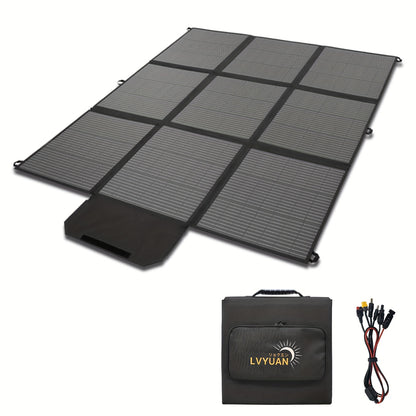 A portable and foldable monocrystalline silicon solar panel with 22.5% conversion efficiency, suitable for outdoor adventures, camping, and solar power generation at power stations.