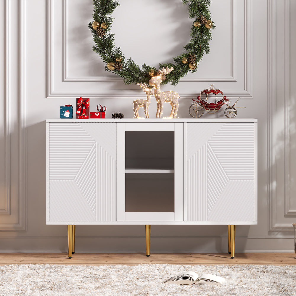 Ladeblok – Ladekast – Kantoorkast – Opbergkast – Metalen Pooten – 3 Schuifdeuren Met Glas – Wit – 120x38x79,5 cm