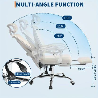 Ergonomic Office Chair with Footrest - Adjustable Lumbar & Headrest Support, High-Back Mesh Back Executive Desk Chair with 360° Swivel, PU & Footrest - Heavy-Duty Task Chair Suitable for & Office, Assembly Required