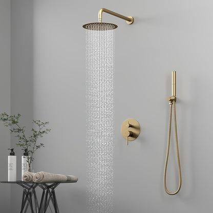 Shower System 30.48 cm Round Rainfall Showerhead Wall Mounted High Pressure Shower Faucet Set Fixture Combo with Cylindrical Handheld Spray, Round Rain Shower Head, Brushed Golden, Bathroom Upgrade, Sleek Bathroom Fixture, Co