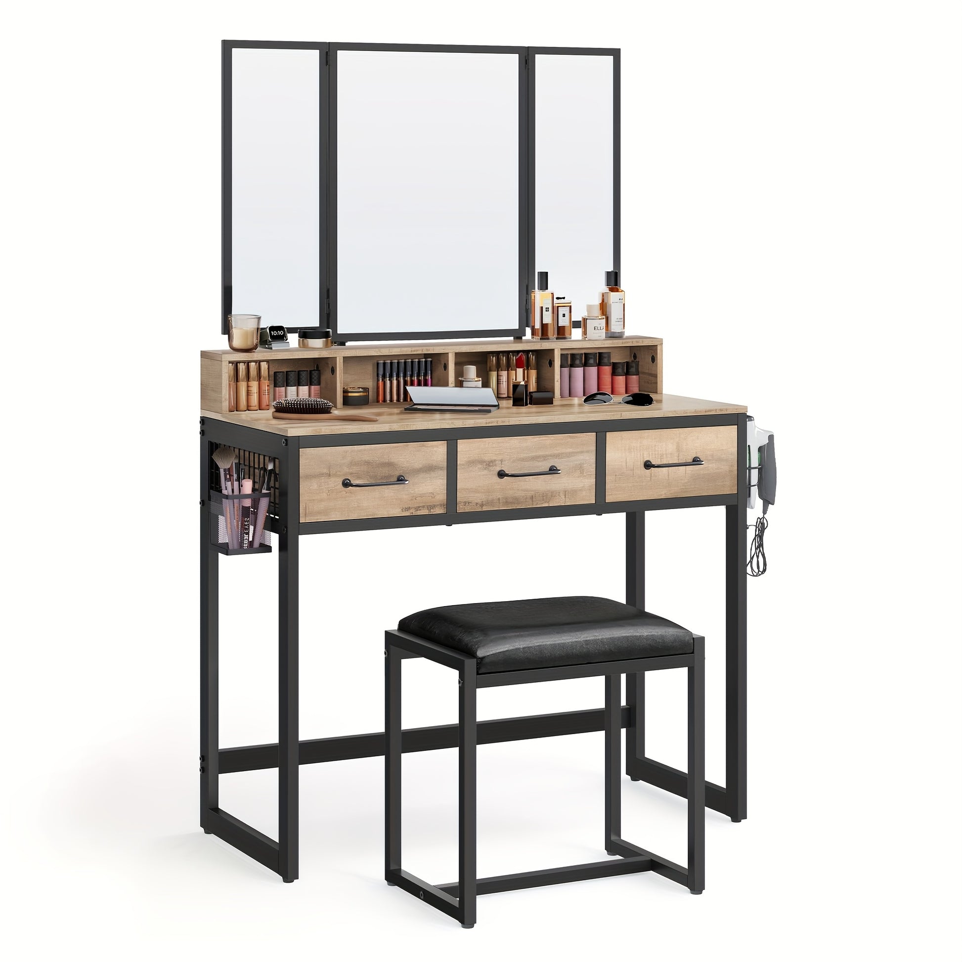 Kaptafel – Make-up Tafel – Cosmetische Tafel – Opmaaktafel – Visagie Tafel – Donker Hout & Zwarte Poten – 3 Laden en Driedelige Spiegel – Ingebouwde Haardrogerhouder – Met Krukje – Ruimtebesparend Design - QUORE