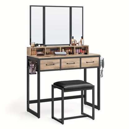 Kaptafel – Make-up Tafel – Cosmetische Tafel – Opmaaktafel – Visagie Tafel – Donker Hout & Zwarte Poten – 3 Laden en Driedelige Spiegel – Ingebouwde Haardrogerhouder – Met Krukje – Ruimtebesparend Design - QUORE