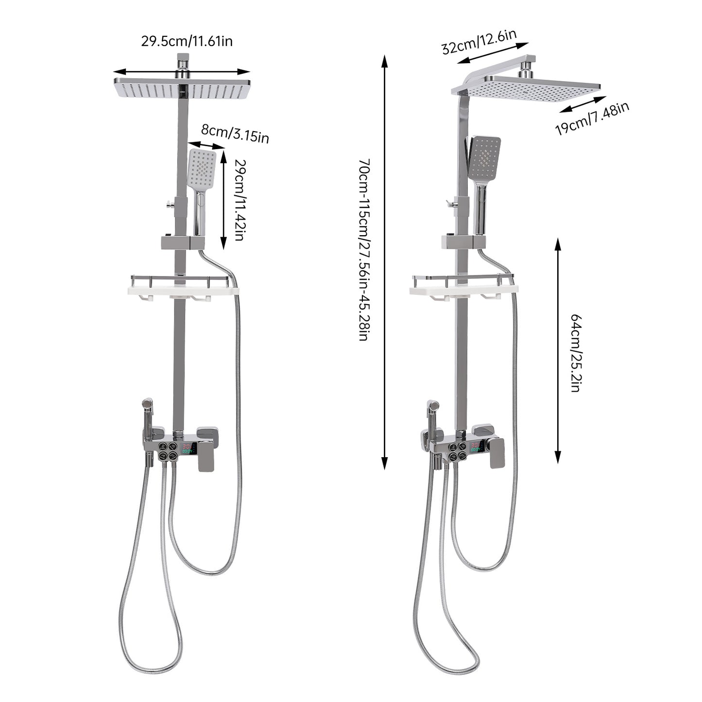 TOOL1SHOOO Modern Stainless Steel Shower System, 4 Water Outlets, Rainfall Showerhead, Handheld Sprayer, Height-Adjustable Shelf, Suitable for Bathrooms, Spas, Hotels