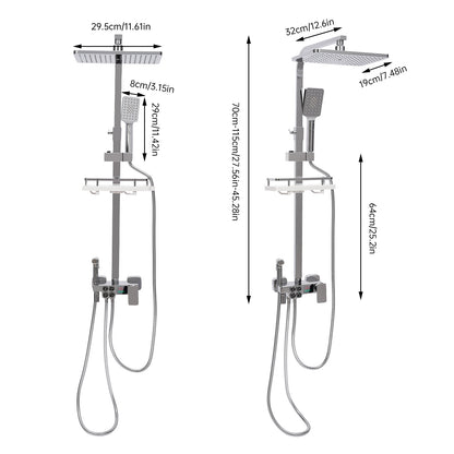 TOOL1SHOOO Modern Stainless Steel Shower System, 4 Water Outlets, Rainfall Showerhead, Handheld Sprayer, Height-Adjustable Shelf, Suitable for Bathrooms, Spas, Hotels