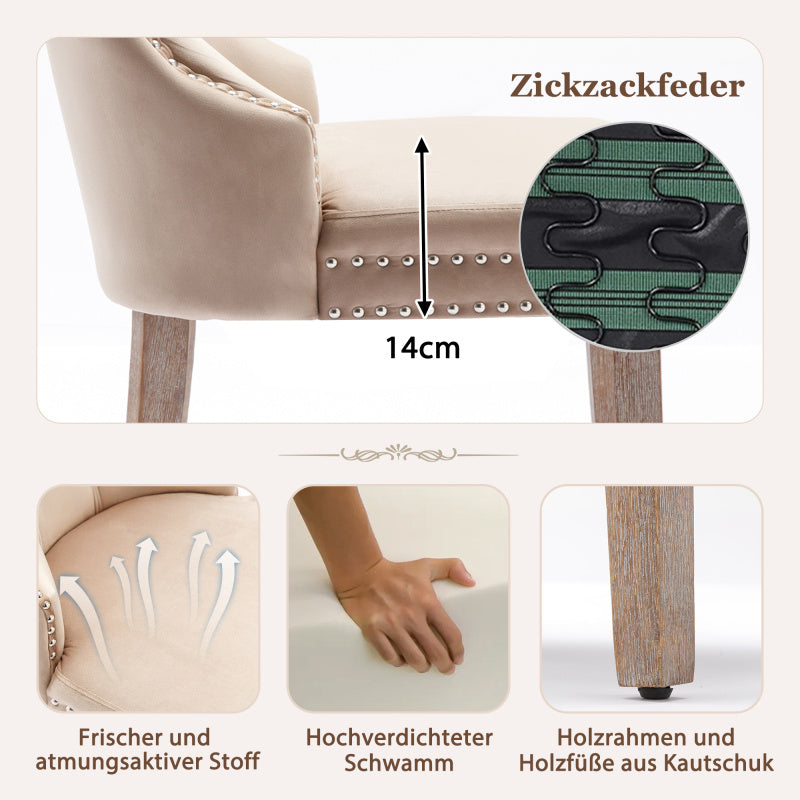 Eetkamerstoel – Stoel – Kuipstoel – Keukenstoel – Woonkamerstoel – Beige Velvet Bekleding – Massief Rubberwood Poten – Unieke Deurknop Achterzijde – Decoratieve Spijkernaad