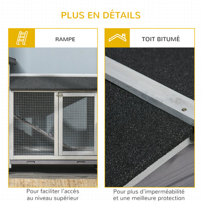 Konijnenhok – Konijnenren – Knaagdierenhok – Dierenverblijf – Houten Kooi – Met Wieltjes – 2 Verdiepingen – 3 Schuifladen – 157,4x53x99,5 cm – Grijs