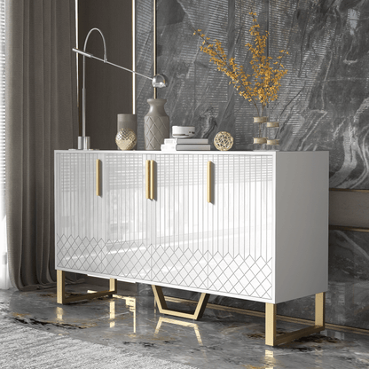 Dressoir – Ladekast – Opbergkast – Buffetkast – Kast – Hoogglans Wit – 4 Deuren – Metaal Handvatten & Poten – Geometrisch Design – 140x40x80 cm
