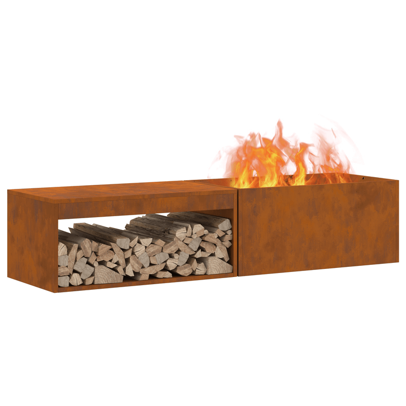 Grote Vuurschaal Buiten – Tuinhaard – Buitenhaard – Vuurkorf – Terrashaard – Corten Staal – Built-in Houtopslag – Weerbestendig – 160x45x35 cm