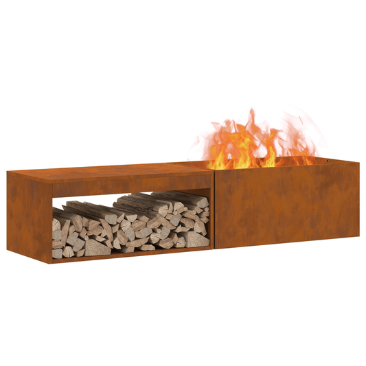 Grote Vuurschaal Buiten – Tuinhaard – Buitenhaard – Vuurkorf – Terrashaard – Corten Staal – Built-in Houtopslag – Weerbestendig – 160x45x35 cm