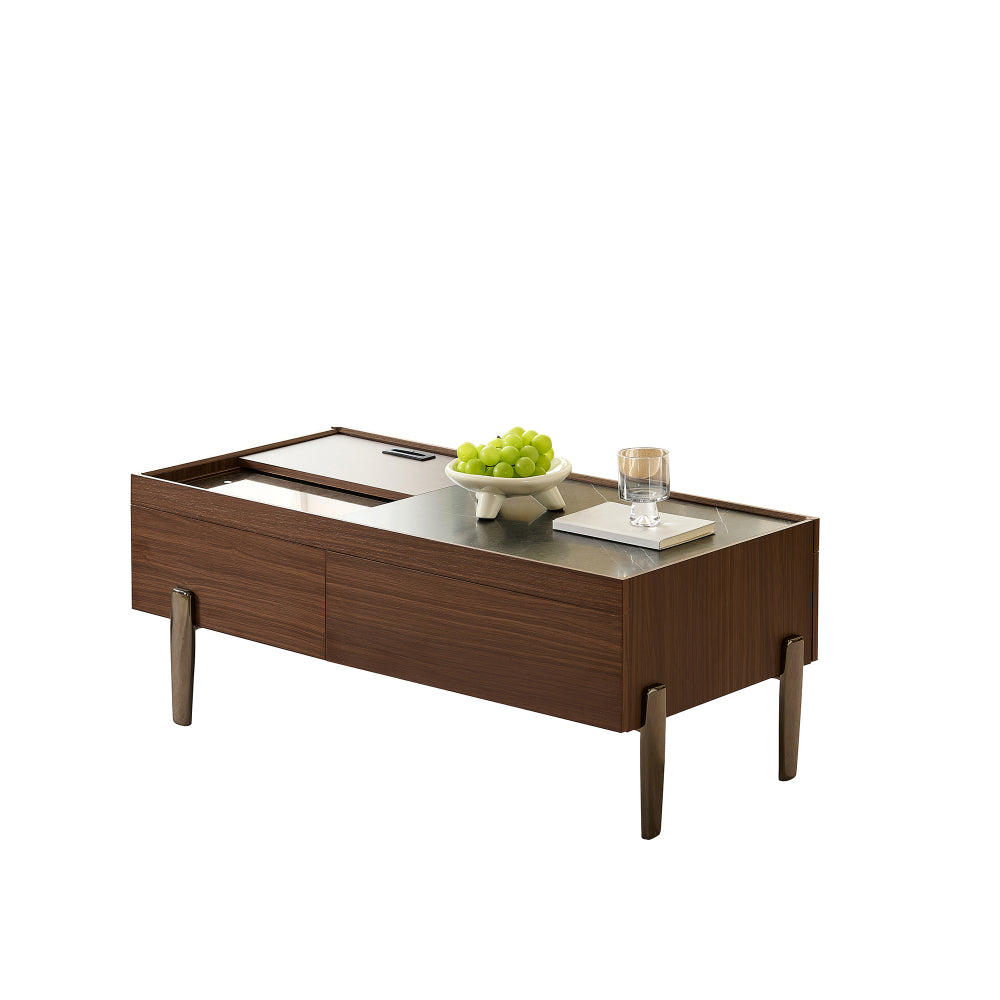 Modern Glass-Top Coffee Table with Storage Drawers - Dark Brown Marble-Patterned Wood Veneer & Sturdy Metal Legs, Contemporary Minimalist Design with Spacious Top & Hidden Storage for Living Room, Easy Assembly Required, Dura