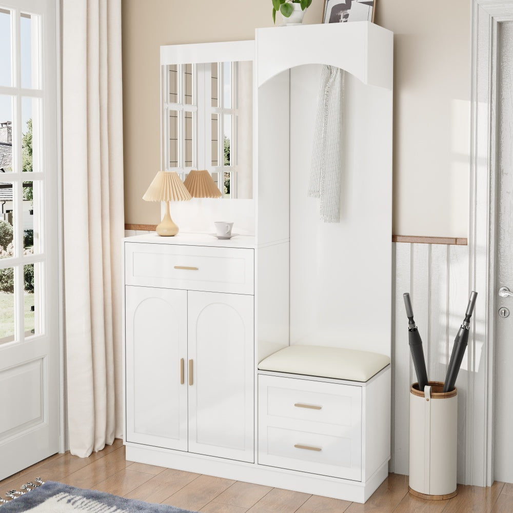 Gangkast – Halmeubel – Garderobekast – Opbergkast – Schoenenkast – Modern Design – Compact Met Spiegel – Witte Kast Met Gouden Accenten