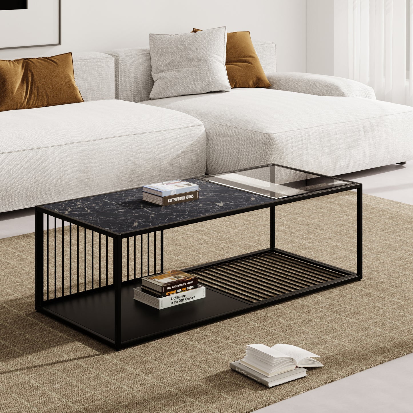 BTM Coffee Table, Wrought Iron Coffee Table with Glass, Large Storage Space