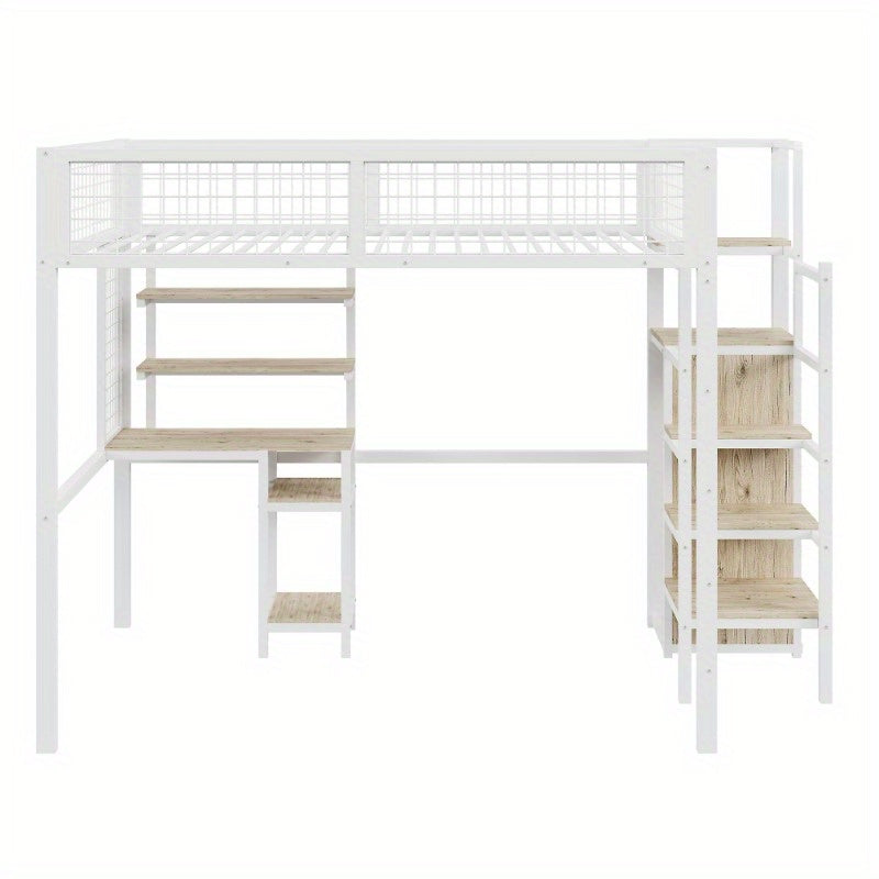 Hochslaper 140x200 – Hoogslaper – Halfhoogslaper – Stapelbed – Kinderbed – Met Veiligheidsrail – Met Metalen Frame – Inclusief Kledingkast en Bureau – Wit – Compact en Ruimtelijk