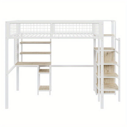 Hochslaper 140x200 – Hoogslaper – Halfhoogslaper – Stapelbed – Kinderbed – Met Veiligheidsrail – Met Metalen Frame – Inclusief Kledingkast en Bureau – Wit – Compact en Ruimtelijk